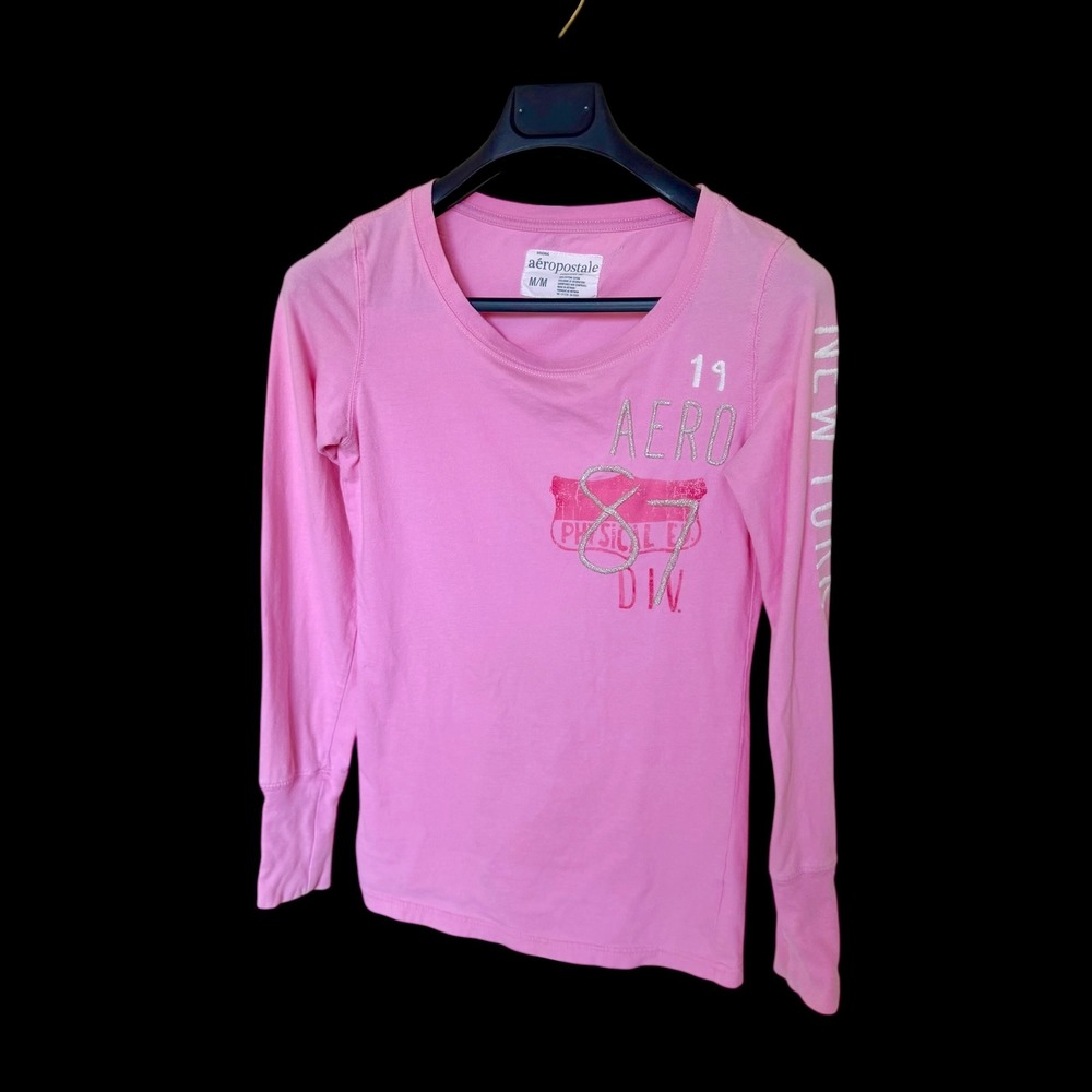 Aeropostale Womens Pink Graphic Long Sleeve Tee Shirt Aero 87 New York Size M